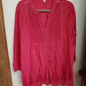Reba Woman Cotton Dark Pink Embroidered Tunic Top Size 2x